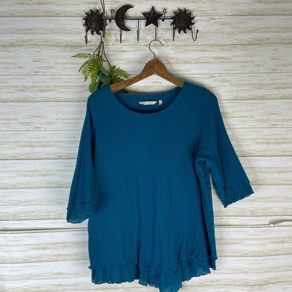 Soft Surroundings Teal Lettuce Hem Layered Gauzy Cotton Tee - Picture 2 of 6